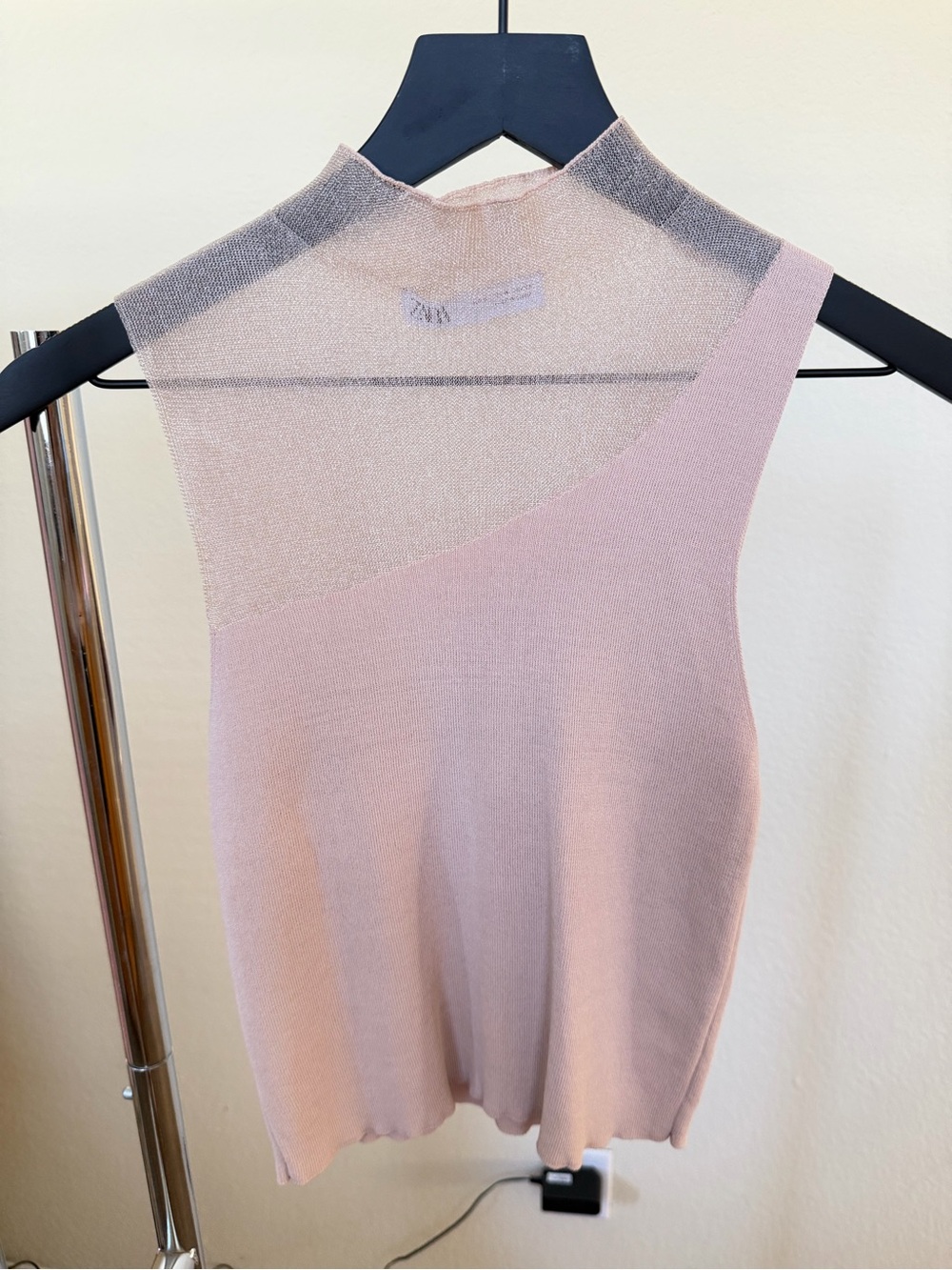 Zara Pink Asymmetric Sheer-Panel Knit Tank